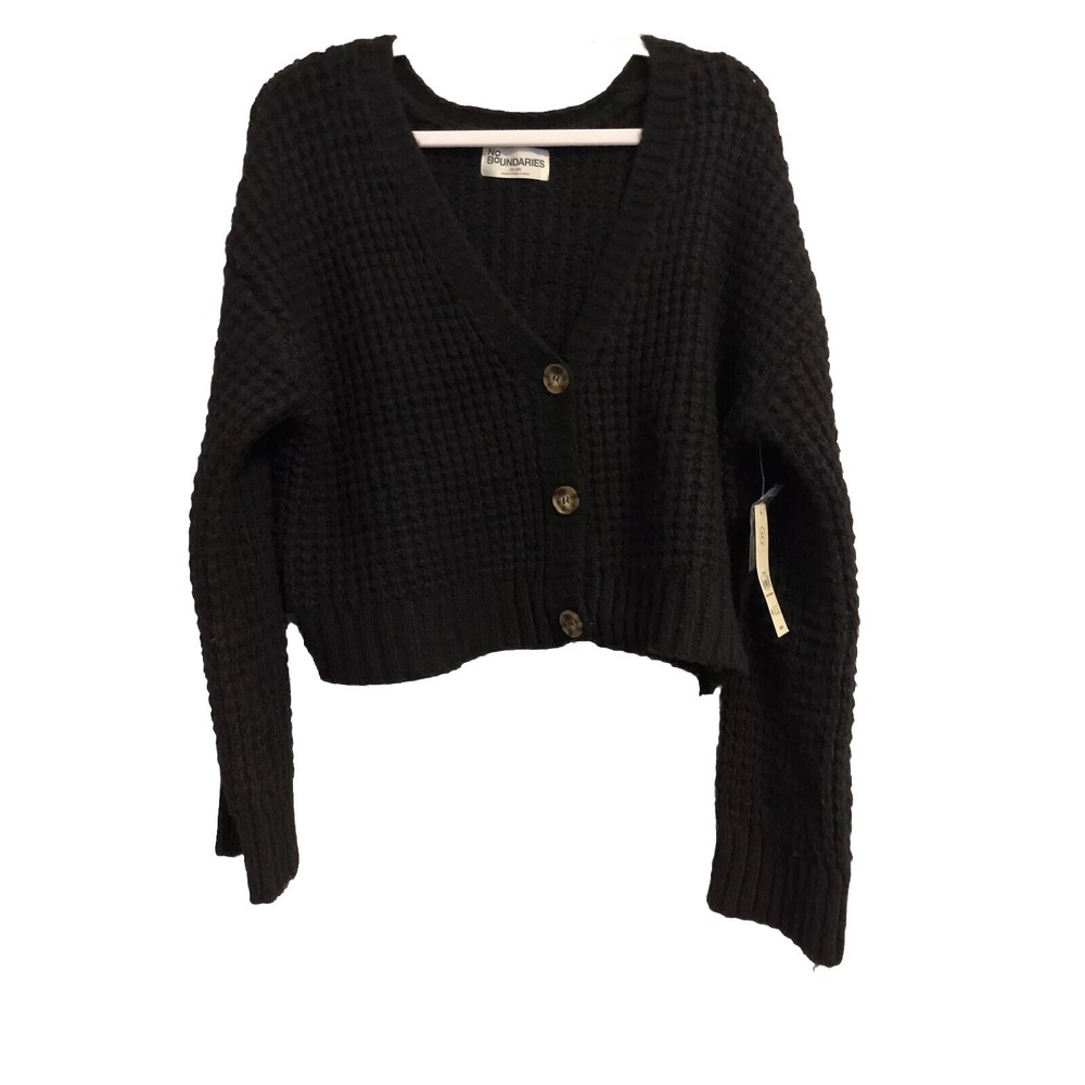 New No Boundaries Womens Sweater XXL Black Cable Cardigan Crop Button Up Juniors